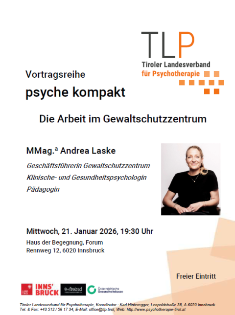 psyche kompakt am 21.01.2026, "Die Arbeit im Gewaltschutzzentrum" Plakat zur Vortragsreihe psyche kompakt